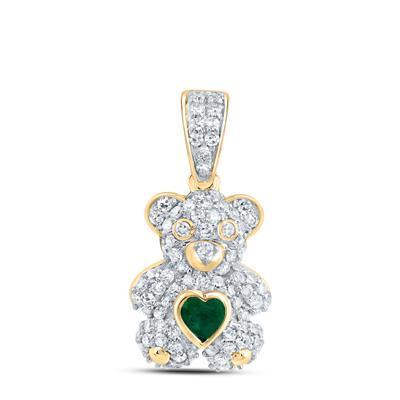 10K Yellow Gold 1/3Ct Diamond 3X3mm Emerald Natural Gemstone Heart Teddy Bear Fashion Pendant