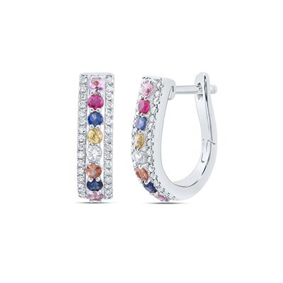 14K White Gold 1/4Ct Diamond 5/8Ct Rhodium Natural Gemstone Multi Colored Hoop Earrings