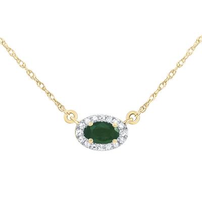 14K Yellow Gold 1/20Ct Diamond with 5X3mm Oval Shaped Emerald Green Colored Gemstone 18inch Chain Necklace