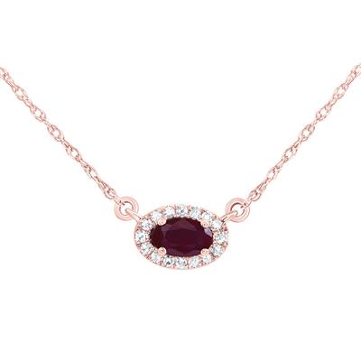 14K Rose Gold 1/20Ct Diamond 5X3mm Oval Shaped Ruby Natural Gemstone 18inch Colored Necklace