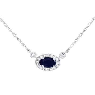 14K White Gold 1/20Ct Diamond with 5X3mm Oval Shaped Blue Sapphire 18inch Colored Necklace