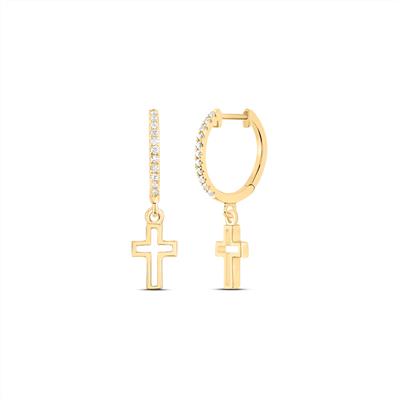 14K Yellow Gold 1/10Ct Diamond Fashion Cross Dangle Earrings