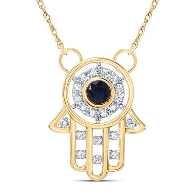 10K Yellow Gold 1/12 Ct Diamond 3mm Blue Sapphire Natural Gemstone Hamsa Colored Necklace