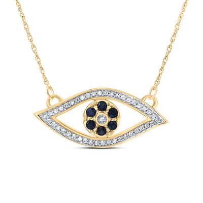 10K Yellow Gold 1/6Ct Diamond 1/4Ct Blue Sapphire Natural Gemstone Evil Eye Colored Necklace