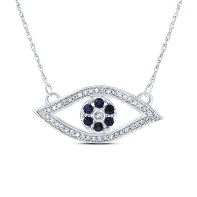 10K White Gold 1/6Ct Diamond 1/4Ct Blue Sapphire Natural Gemstone Evil Eye Colored Necklace