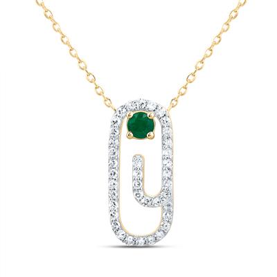 10K Yellow Gold 1/5Ct Diamond 3mm Emerald Natural Gemstone Paper Clip Colored Necklace