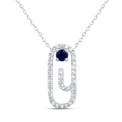 10K White Gold 1/5Ct Diamond 3mm Blue Sapphire Natural Gemstone Paper Clip Colored Necklace