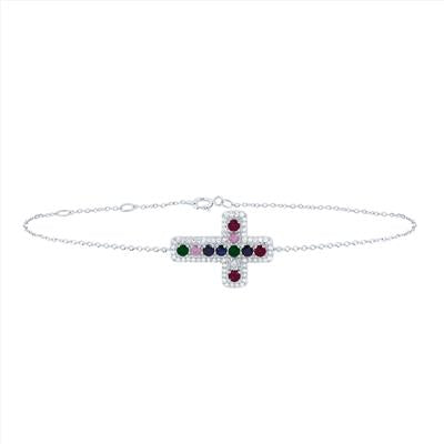 10K White Gold 1/4Ct Diamond 1/2Ct Natural Gem Multi Color Sapphire Colored Bracelet